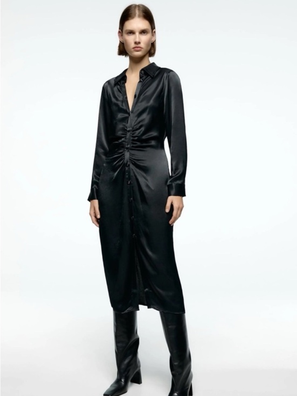 NWT Zara Black Satin Ruched Button-Down Midi Shirt Dress Size L